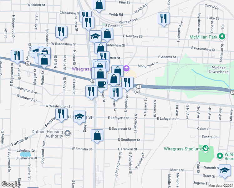 map of restaurants, bars, coffee shops, grocery stores, and more near in Dothan