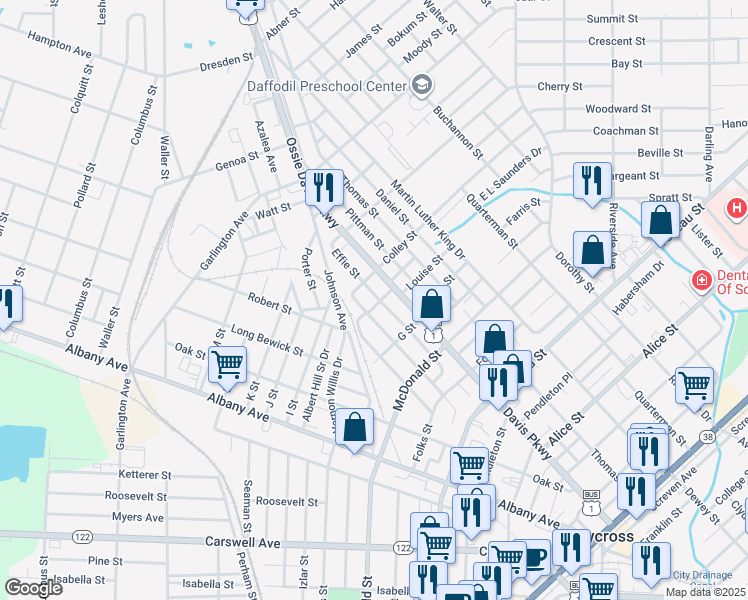 map of restaurants, bars, coffee shops, grocery stores, and more near 1002 Effie Street in Waycross