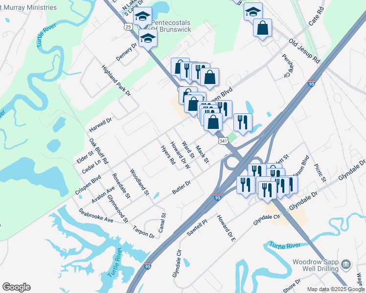 map of restaurants, bars, coffee shops, grocery stores, and more near 400 Cary Street in Brunswick