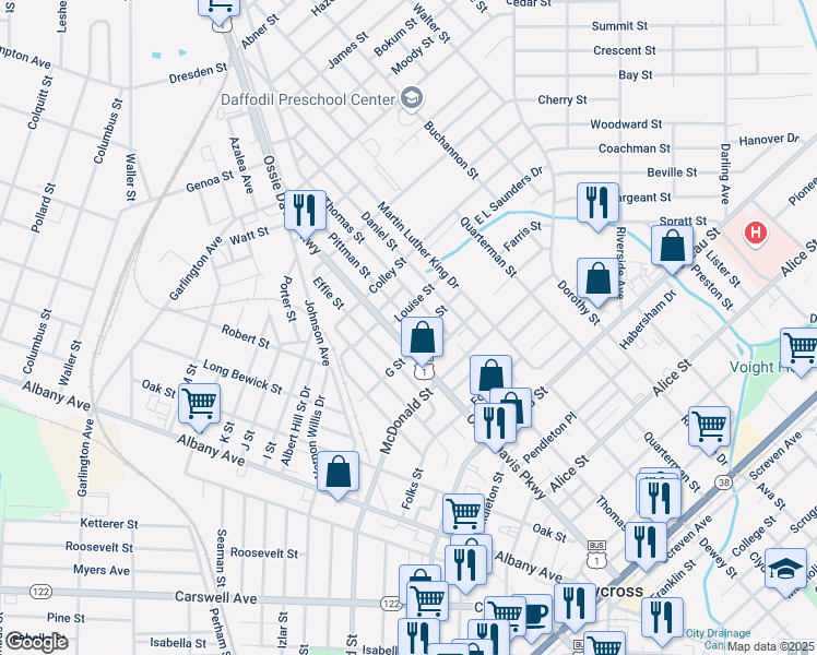 map of restaurants, bars, coffee shops, grocery stores, and more near 913 Pittman Street in Waycross