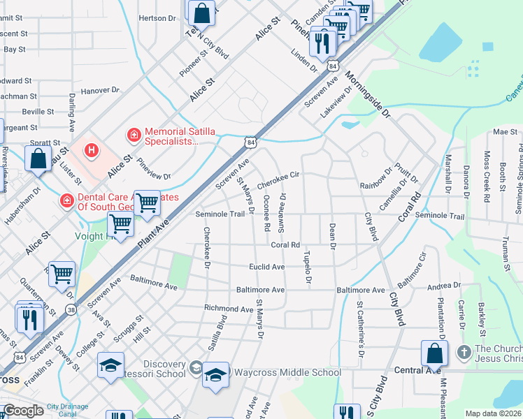 map of restaurants, bars, coffee shops, grocery stores, and more near 1600 Saint Marys Drive in Waycross