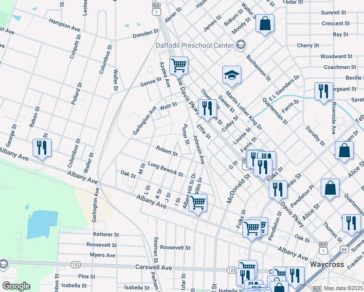 map of restaurants, bars, coffee shops, grocery stores, and more near 1109 Porter Street in Waycross