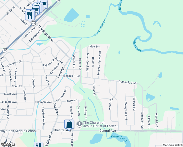 map of restaurants, bars, coffee shops, grocery stores, and more near 1603 Booth Street in Waycross