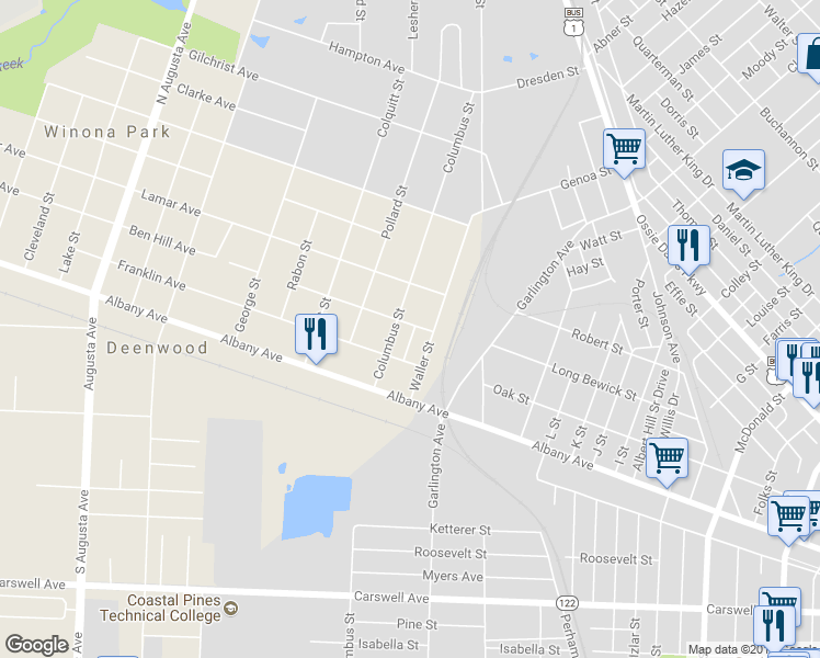 map of restaurants, bars, coffee shops, grocery stores, and more near 1437 Ben Hill Avenue in Waycross