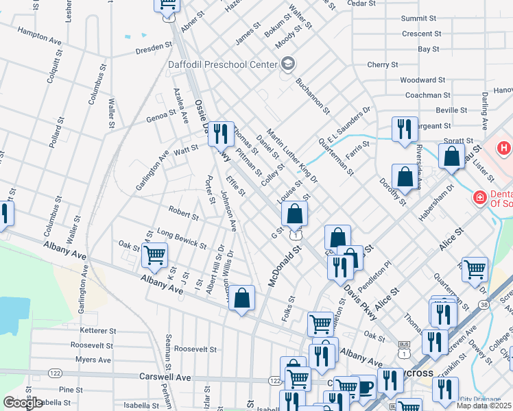 map of restaurants, bars, coffee shops, grocery stores, and more near 1002 Effie Street in Waycross