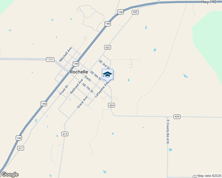 map of restaurants, bars, coffee shops, grocery stores, and more near County Road 424 in Rochelle