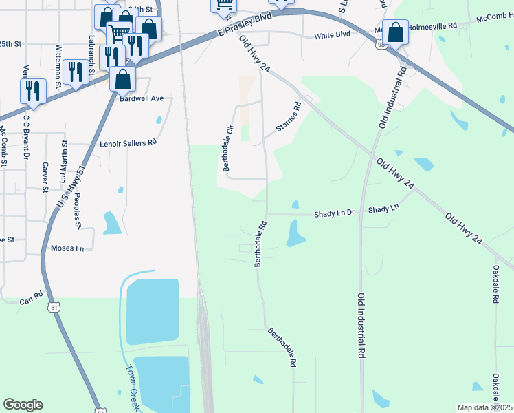 map of restaurants, bars, coffee shops, grocery stores, and more near 1039 Berthadale Road in McComb