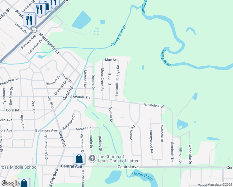 map of restaurants, bars, coffee shops, grocery stores, and more near 1622 Seminole Springs Road in Waycross