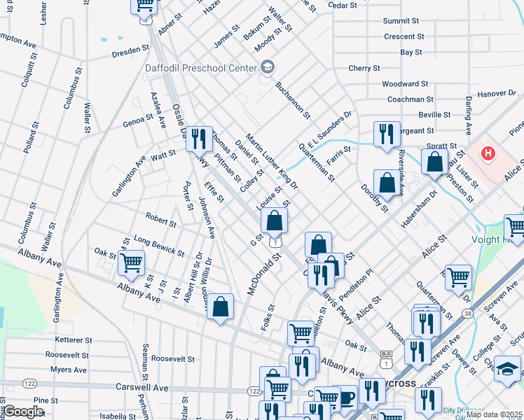 map of restaurants, bars, coffee shops, grocery stores, and more near 913 Pittman Street in Waycross