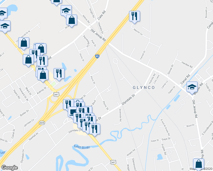 map of restaurants, bars, coffee shops, grocery stores, and more near 795 Warren Mason Boulevard in Brunswick