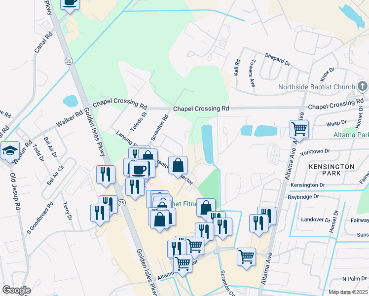 map of restaurants, bars, coffee shops, grocery stores, and more near 820 Scranton Road in Brunswick