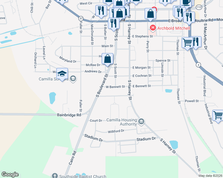 map of restaurants, bars, coffee shops, grocery stores, and more near 78 West Bennett Street in Camilla