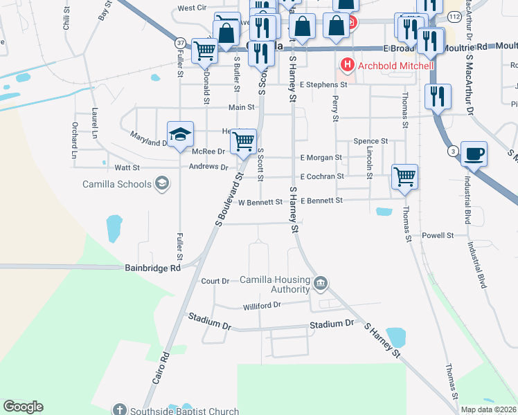 map of restaurants, bars, coffee shops, grocery stores, and more near 78 West Bennett Street in Camilla