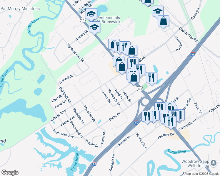 map of restaurants, bars, coffee shops, grocery stores, and more near 400 Cary Street in Brunswick