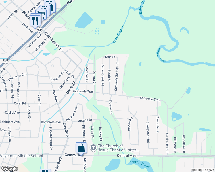 map of restaurants, bars, coffee shops, grocery stores, and more near 1603 Booth Street in Waycross