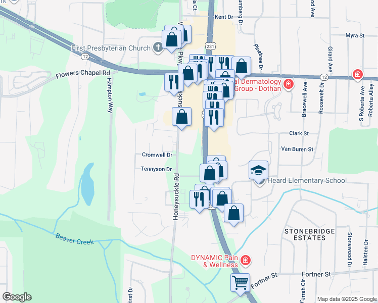 map of restaurants, bars, coffee shops, grocery stores, and more near 595 Honeysuckle Road in Dothan