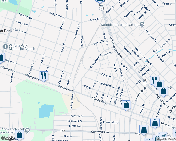 map of restaurants, bars, coffee shops, grocery stores, and more near Garlington Avenue in Waycross
