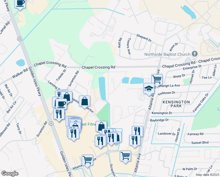 map of restaurants, bars, coffee shops, grocery stores, and more near 164 Peppertree Crossing Avenue in Brunswick