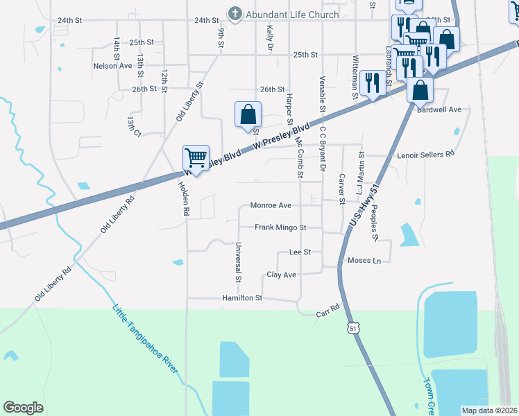 map of restaurants, bars, coffee shops, grocery stores, and more near 436 Frank Mingo Street in McComb