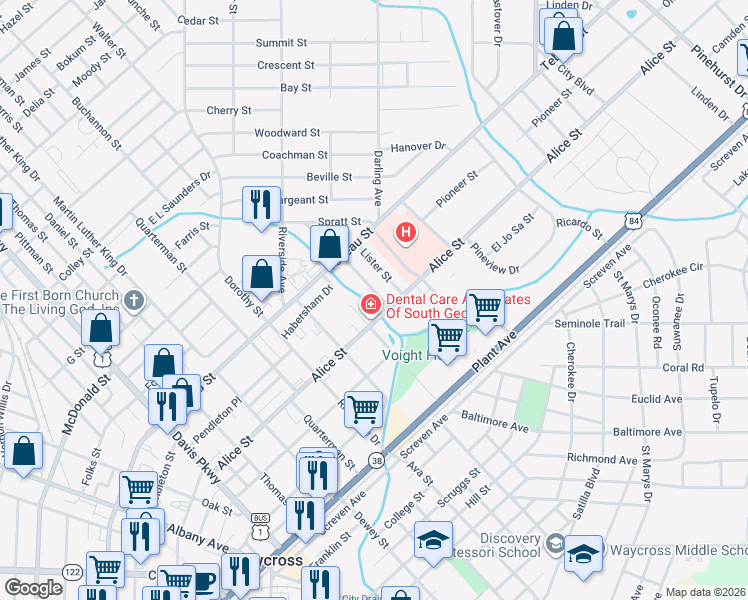 map of restaurants, bars, coffee shops, grocery stores, and more near Uvalda Street in Waycross