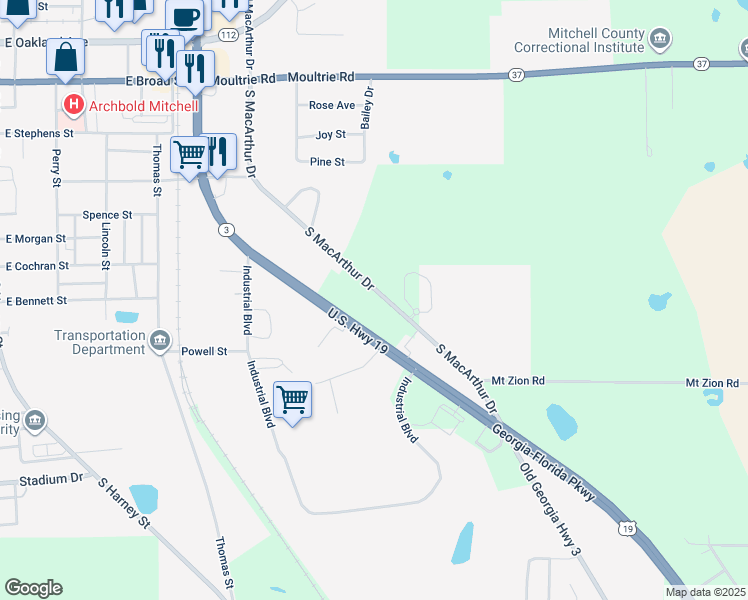 map of restaurants, bars, coffee shops, grocery stores, and more near 233 South Macarthur Drive in Camilla