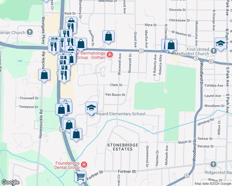 map of restaurants, bars, coffee shops, grocery stores, and more near 1900 Van Buren Street in Dothan
