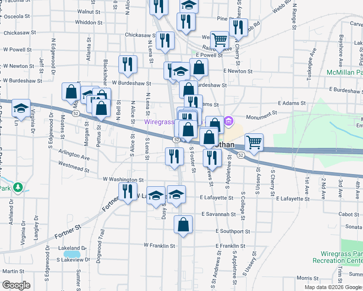 map of restaurants, bars, coffee shops, grocery stores, and more near 101-141 North Oates Street in Dothan
