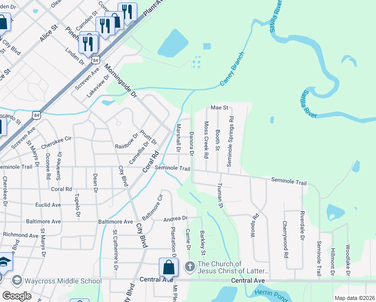 map of restaurants, bars, coffee shops, grocery stores, and more near 1701 Danora Drive in Waycross