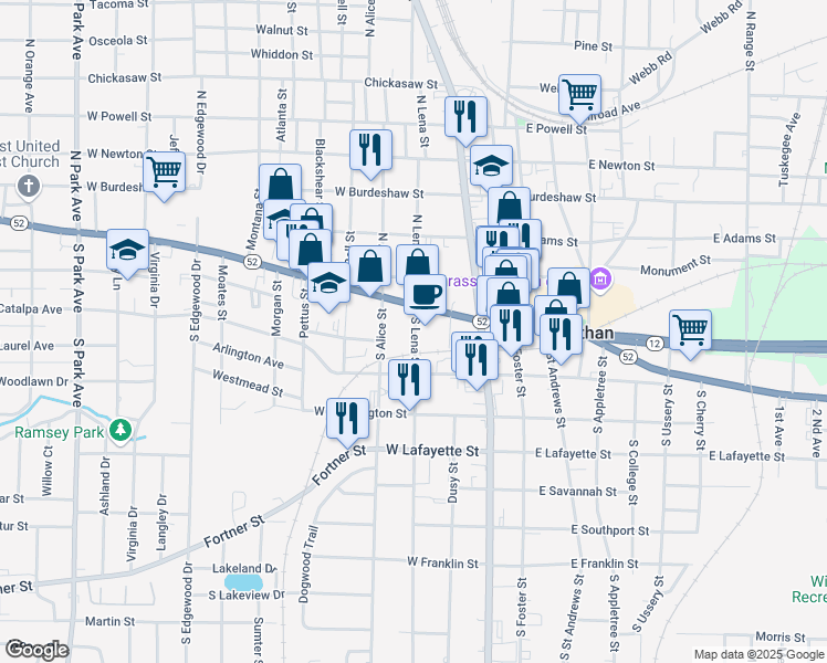 map of restaurants, bars, coffee shops, grocery stores, and more near 335 W Main St in Dothan