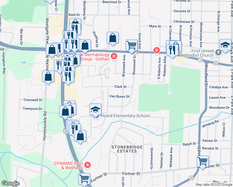 map of restaurants, bars, coffee shops, grocery stores, and more near 1905 Clark Street in Dothan