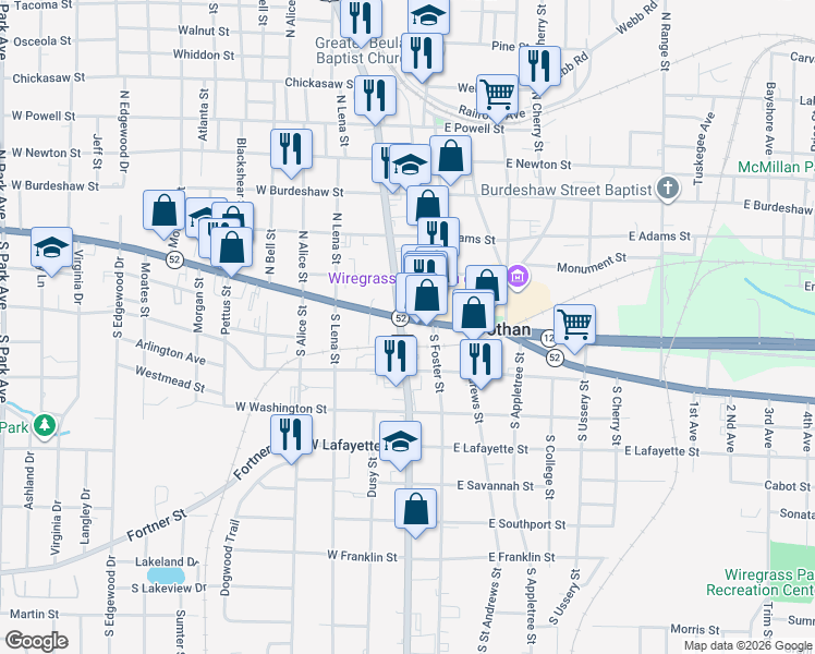 map of restaurants, bars, coffee shops, grocery stores, and more near 101-141 North Oates Street in Dothan