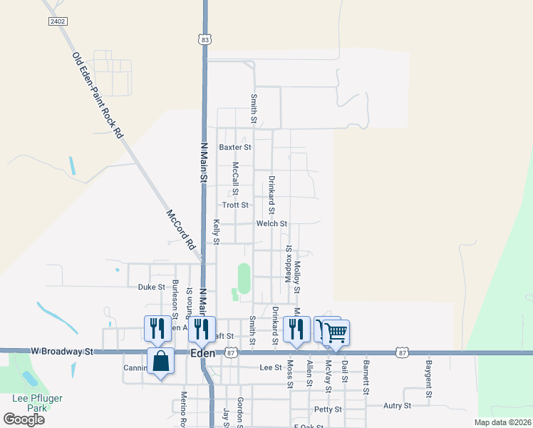 map of restaurants, bars, coffee shops, grocery stores, and more near 516 Drinkard Street in Eden