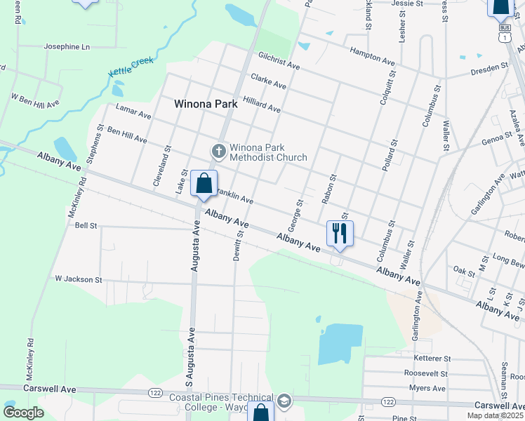 map of restaurants, bars, coffee shops, grocery stores, and more near 848 Stanton Avenue in Waycross