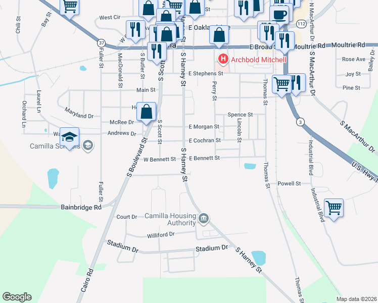 map of restaurants, bars, coffee shops, grocery stores, and more near 224 South Harney Street in Camilla