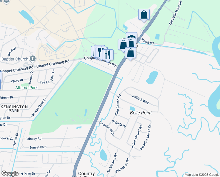 map of restaurants, bars, coffee shops, grocery stores, and more near Darien Highway in Brunswick