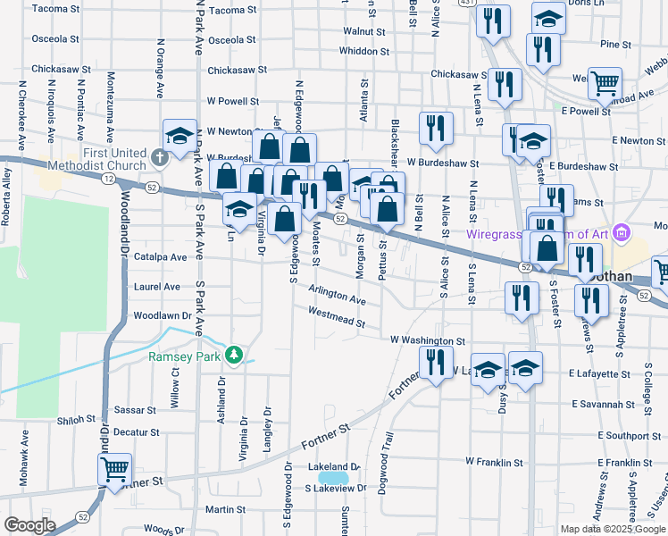 map of restaurants, bars, coffee shops, grocery stores, and more near 614 Catalpa Avenue in Dothan