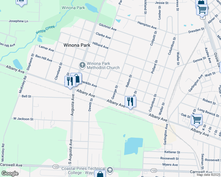 map of restaurants, bars, coffee shops, grocery stores, and more near 1806 Franklin Avenue in Waycross