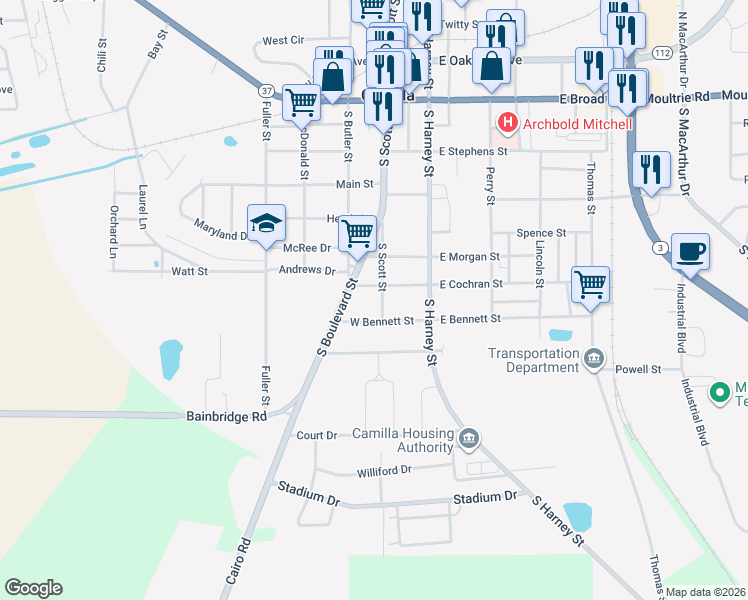 map of restaurants, bars, coffee shops, grocery stores, and more near 222 South Boulevard Street in Camilla