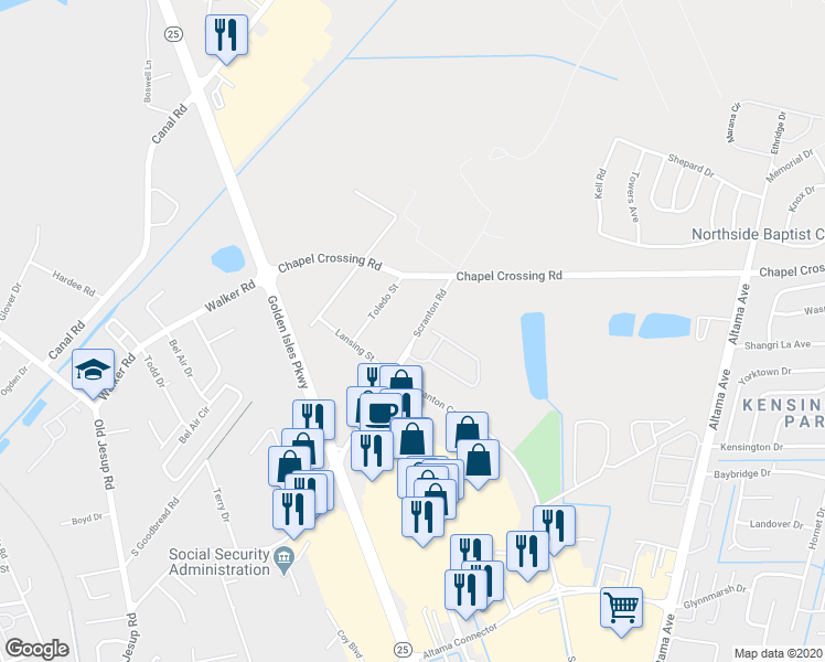 map of restaurants, bars, coffee shops, grocery stores, and more near 843 Scranton Road in Brunswick