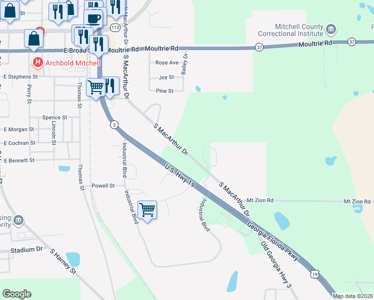 map of restaurants, bars, coffee shops, grocery stores, and more near 266 South Macarthur Drive in Camilla