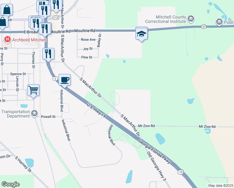 map of restaurants, bars, coffee shops, grocery stores, and more near 233 South Macarthur Drive in Camilla