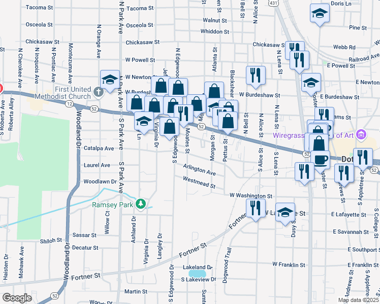 map of restaurants, bars, coffee shops, grocery stores, and more near 614 Catalpa Avenue in Dothan