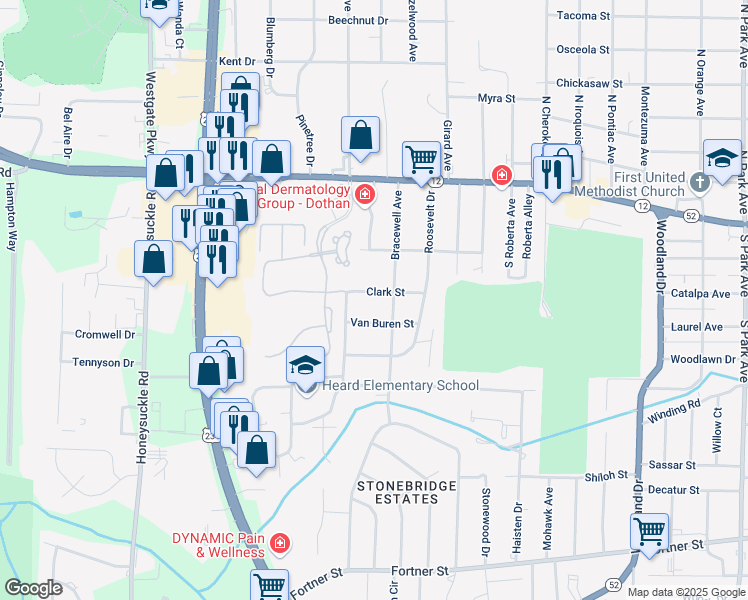 map of restaurants, bars, coffee shops, grocery stores, and more near 1905 Clark St in Dothan