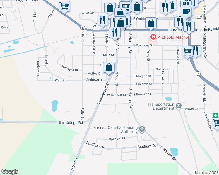 map of restaurants, bars, coffee shops, grocery stores, and more near 222 South Boulevard Street in Camilla