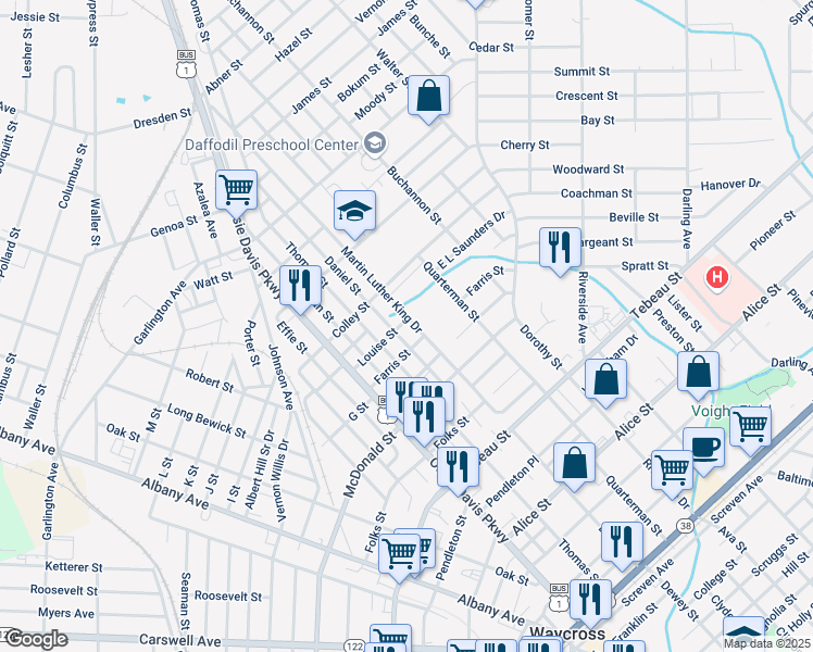 map of restaurants, bars, coffee shops, grocery stores, and more near 915 Martin Luther King Drive in Waycross