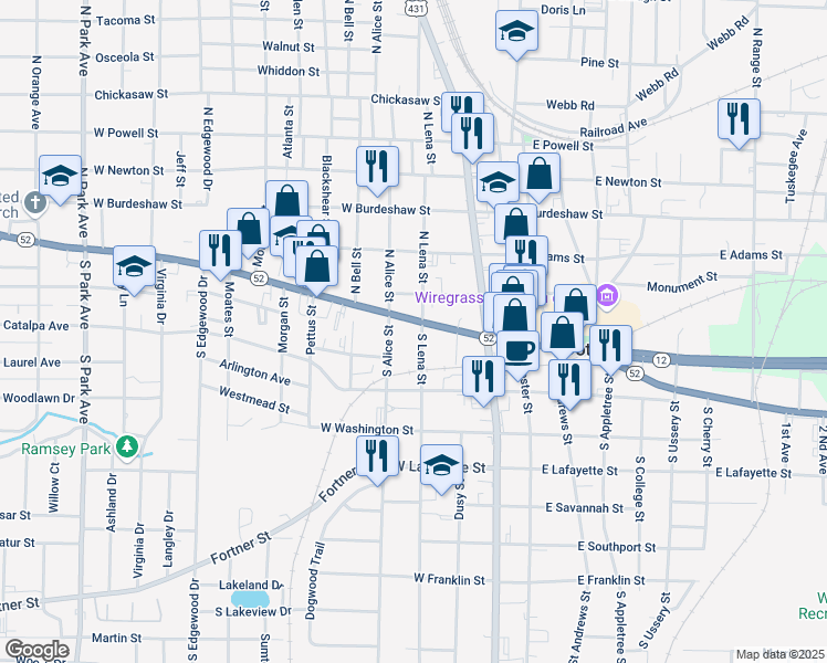 map of restaurants, bars, coffee shops, grocery stores, and more near 335 West Main Street in Dothan