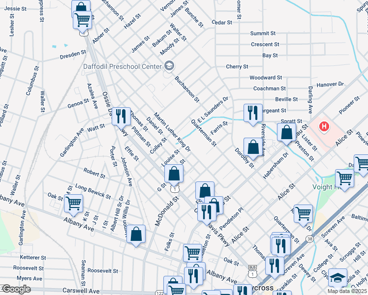 map of restaurants, bars, coffee shops, grocery stores, and more near 915 Martin Luther King Drive in Waycross