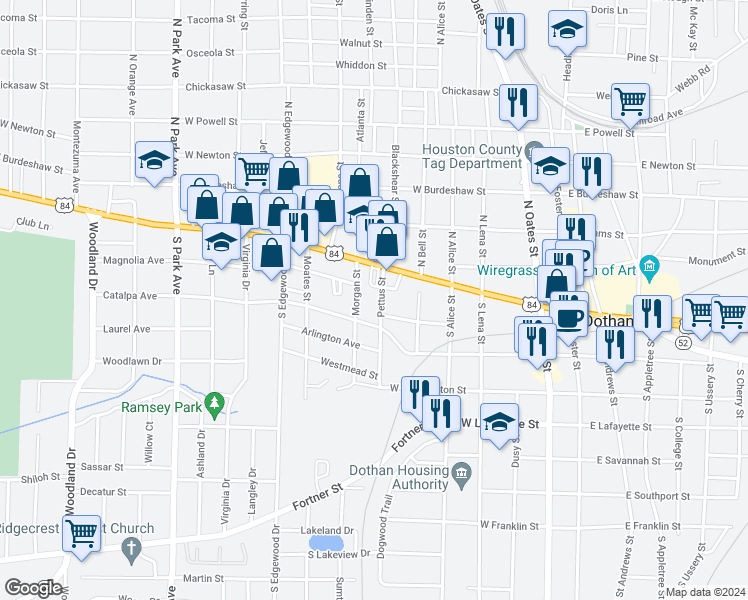 map of restaurants, bars, coffee shops, grocery stores, and more near 108 Pettus Street in Dothan