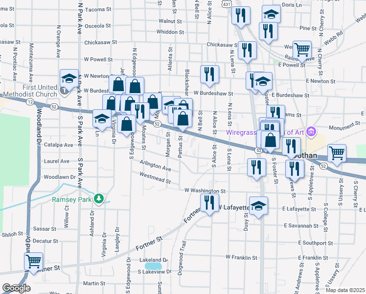 map of restaurants, bars, coffee shops, grocery stores, and more near 111 Pettus Street in Dothan
