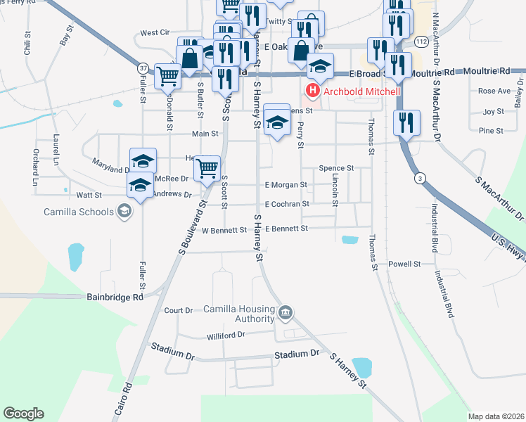 map of restaurants, bars, coffee shops, grocery stores, and more near 224 South Harney Street in Camilla